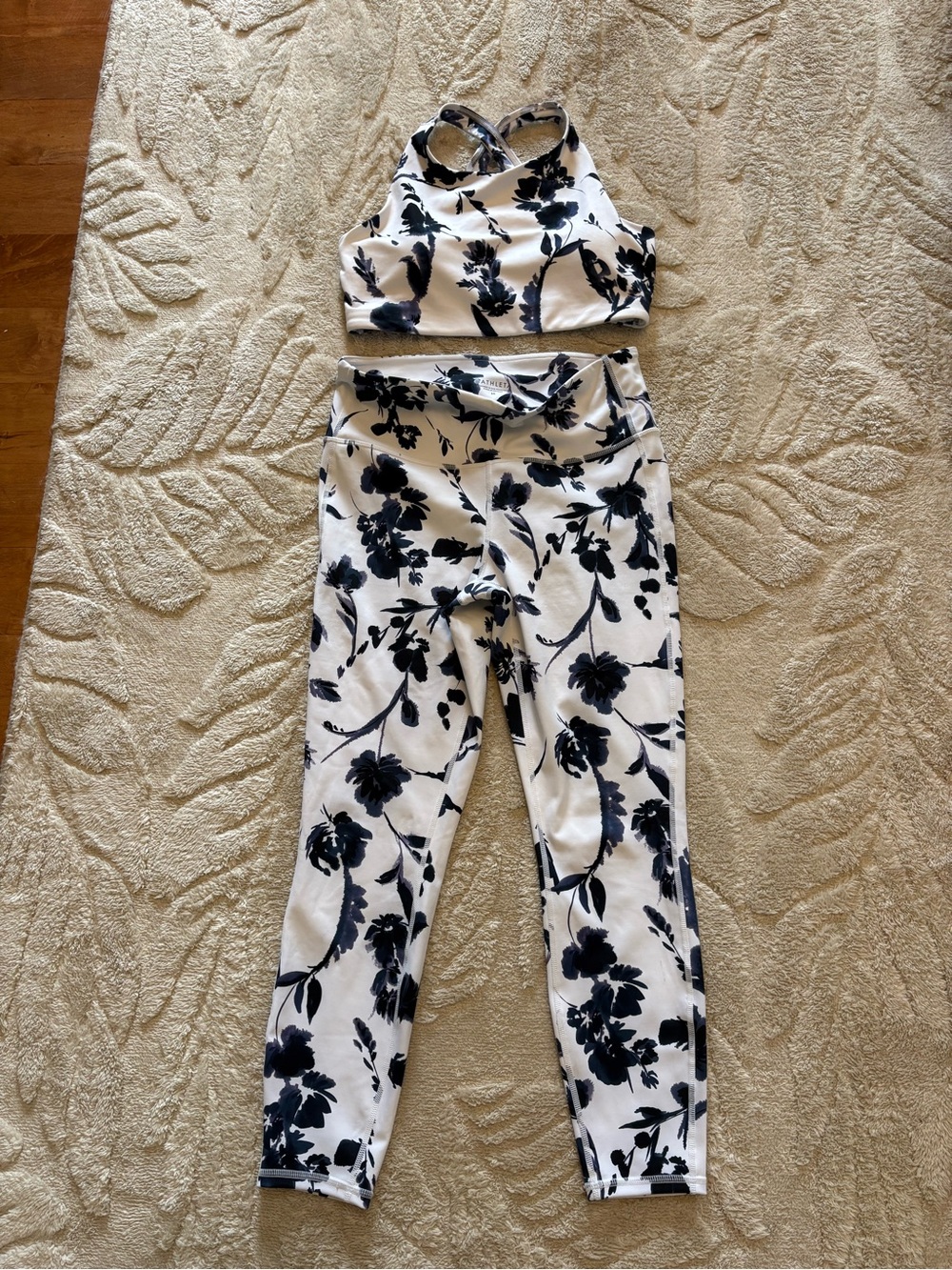 Athleta White Leggings and Floral Cropped Sports Bra in Black Print